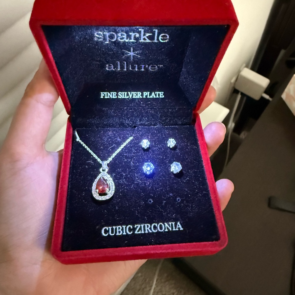 Silver and Red Cubic Zirconia Jewelry Set